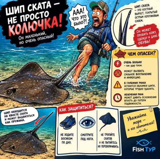 Будьте внимательны с опасным шипом ската-хвостокола. Шип ската опасен
